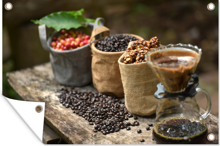 MuchoWow® 60x40 cm Outdoor-Poster Gartendeko Sichtschutz Garten Poster für den Garten Moschuskaffee Selektiver Fokus Rohkaffeebohnen, Kaffee-Moschus-Fäkalien im Bambus-Dreschkorb.Moschuskaffee Teurer Kaffee aus Dung. 133|92951979