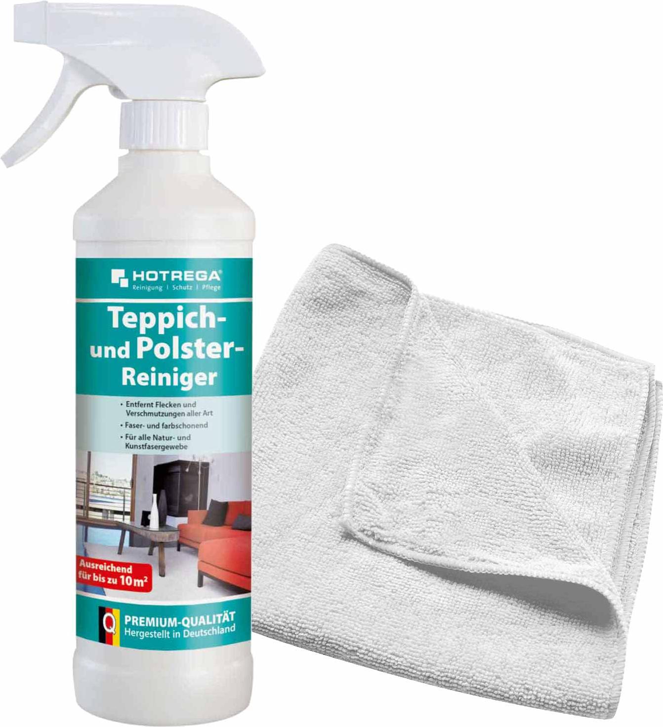 HOTREGA Teppich und Polster Reiniger 500 ml + Microfasertuch 40 x 40 cm, Textilreiniger, materialschonend