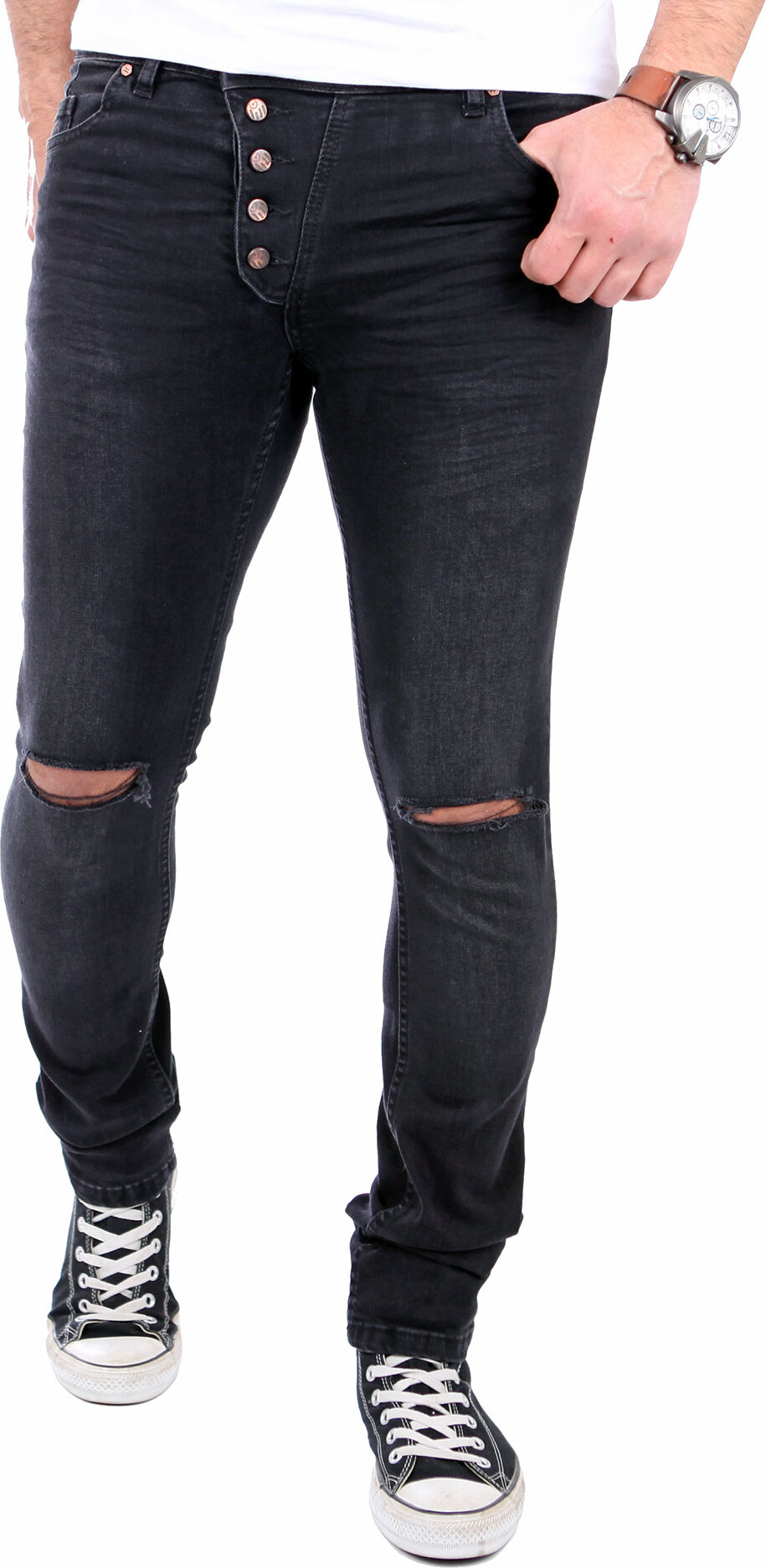 Reslad Jeans-Herren Knie Zerrissen Slim Fit Denim Destroyed Jeans-Hose RS-2067 Schwarz W29 / L32