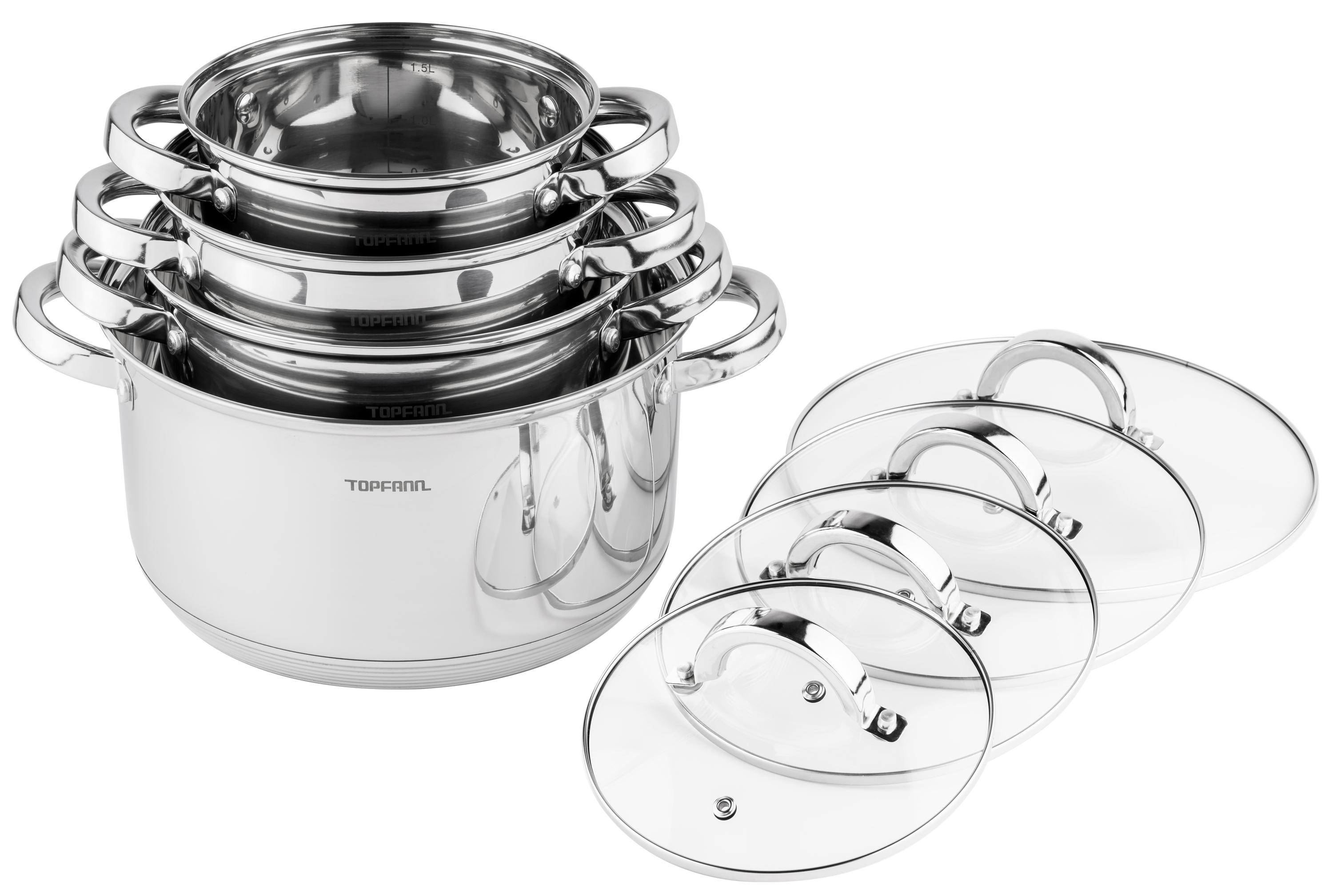 TOPFANN 8 Teilig Edelstahl Induktion Topfset Topf Töpfe Kochtopf Glasdeckel Kochtopfset