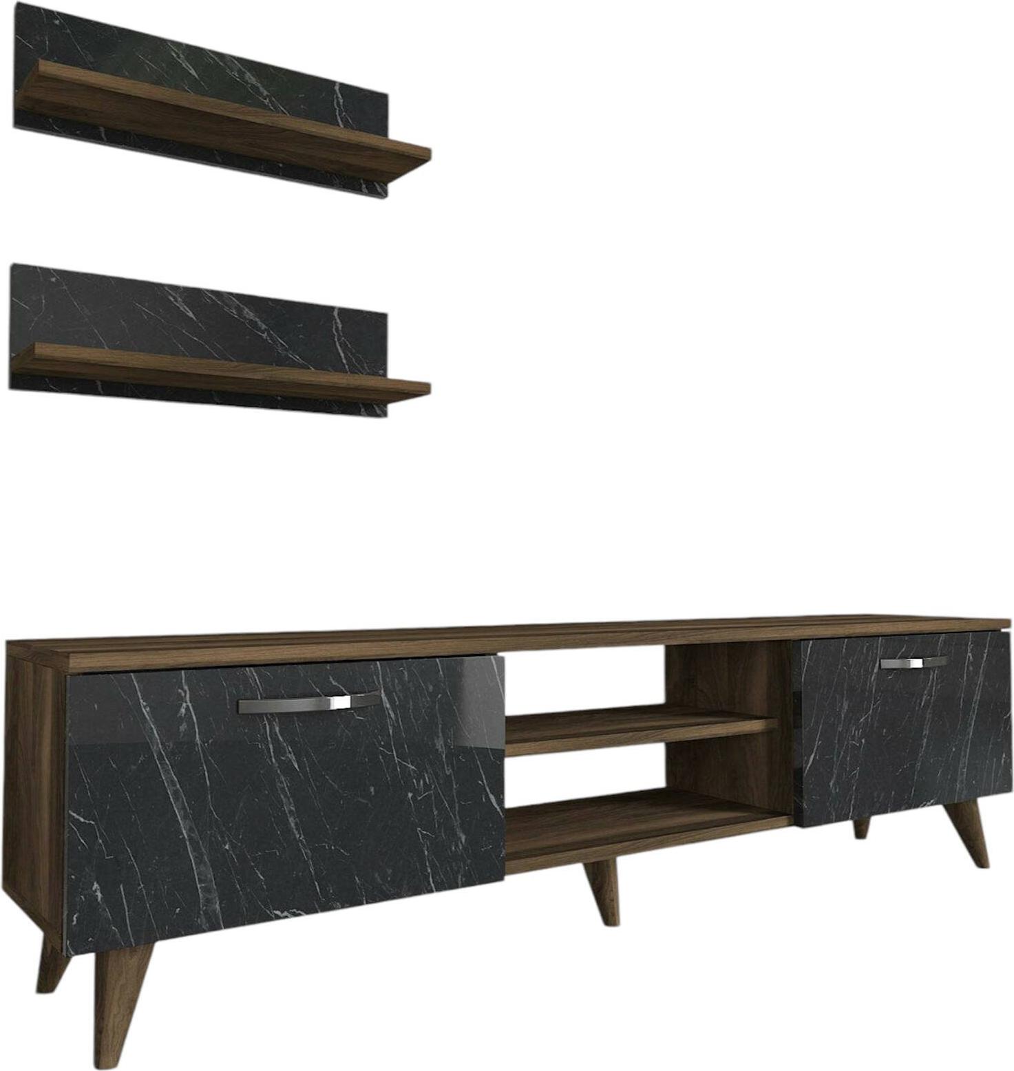 Dmora Wohnzimmermöbel Ipsicratea, Modulares Wohnzimmerset, Mehrzweck-Wohnzimmermöbel, Moderner TV-Schrank, 150x30 h41 cm, Walnuss und Grau