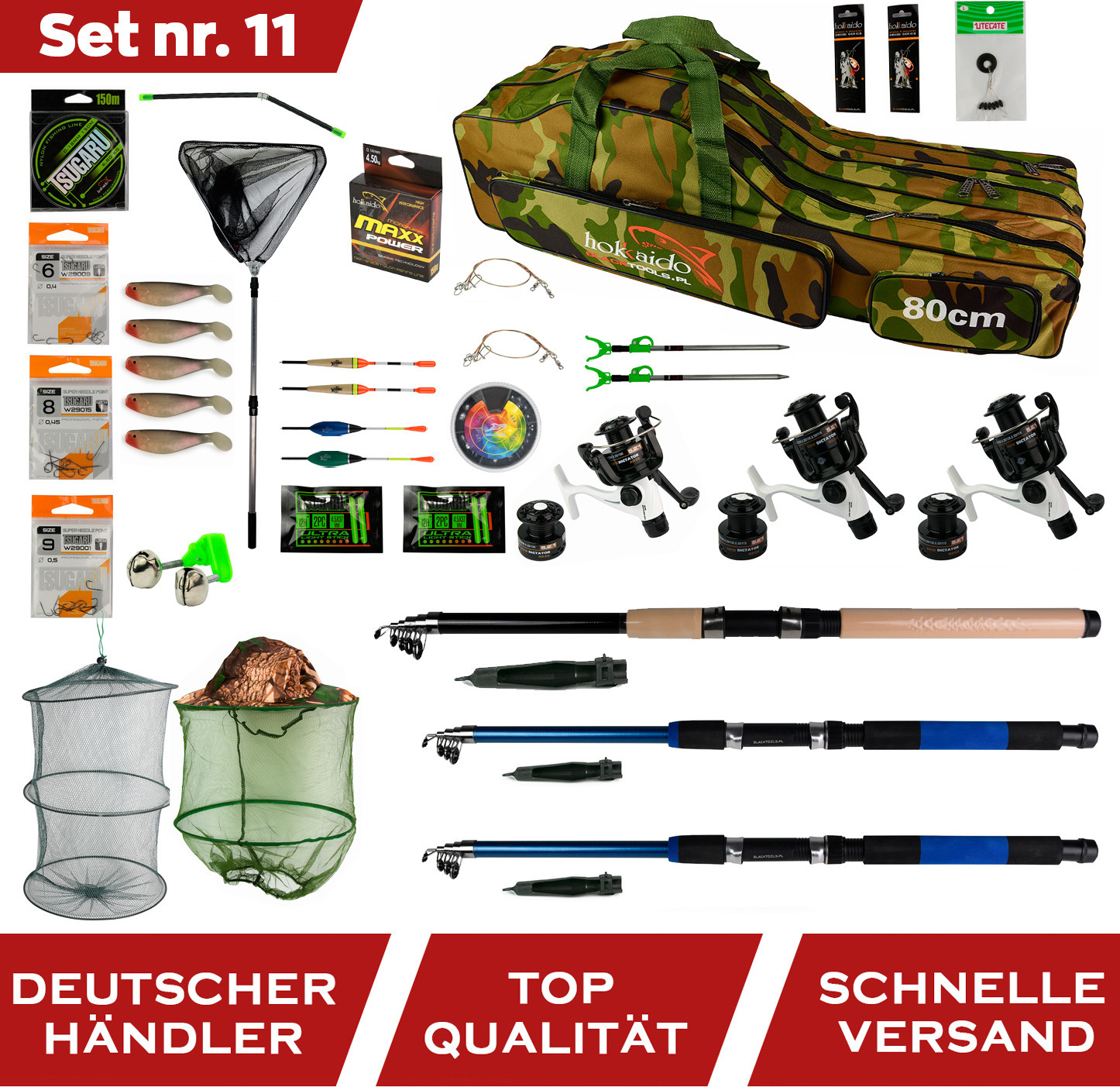 Roysson ANGELAUSRÜSTUNG ANGELSET 3x RUTEN 3x ROLLE TASCHE-80cm + Zubehör Z11