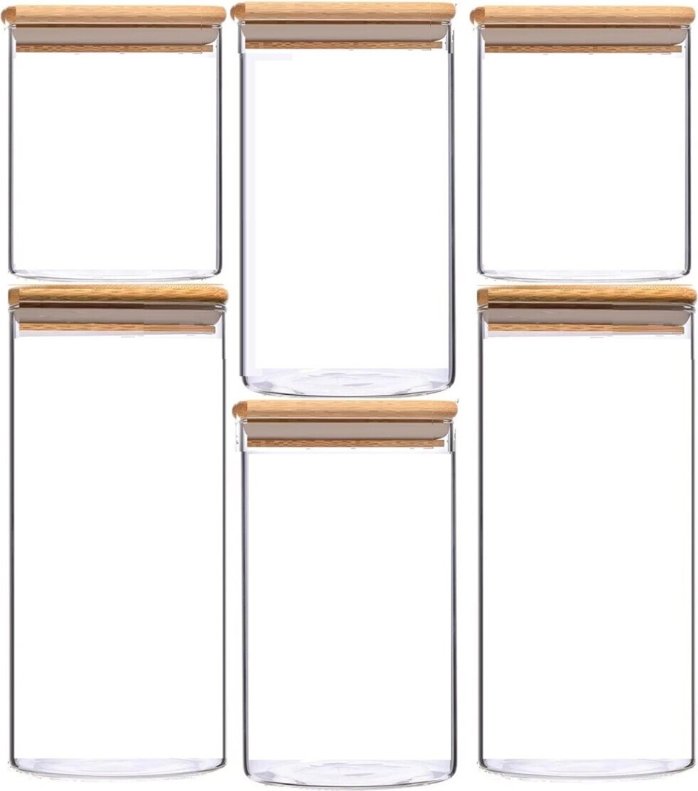 cheffinger 6-teiliges Glas Vorratsdosen-Set mit Bambusdeckel – Stilvoll & Luftdicht CF-GSJ6B