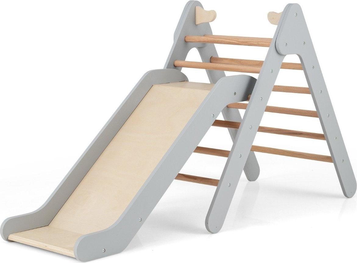 B2X Kletterdreieck mit Rutsche Klettergerüst aus Holz Sprossendreieck zum Rutschen und Klettern Grau
