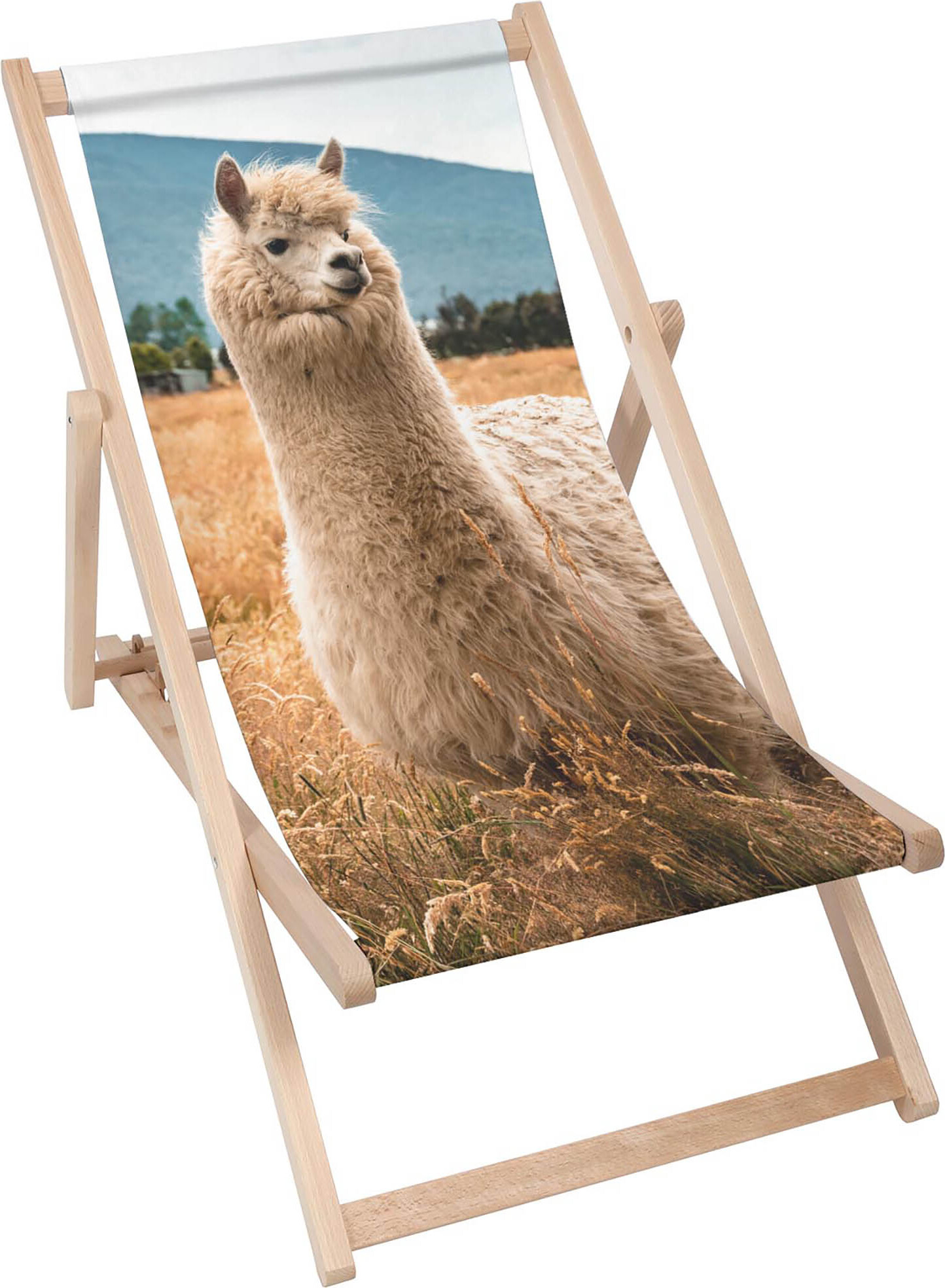Dreamroots Skladacie drevené lehátko z bukového dreva do 130 kg, skladacie lehátko s 3-stupňovým nastavením sklonu operadla, Fluffy Alpaca