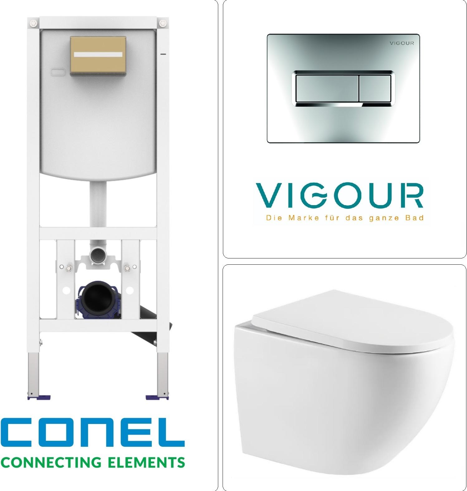 Wand-WC mit Tornado-Spülung, SoftClose WC-Sitz und CONEL WC Vorwandelement mit VIGOUR TEES Betätigungsplatte, chrom