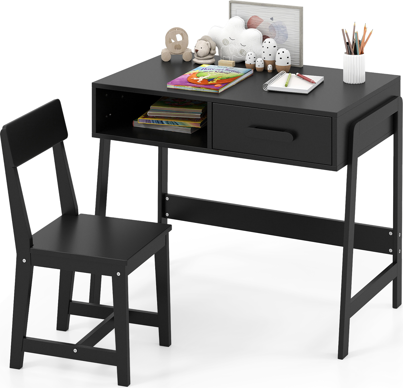COSTWAY Kinderschreibtisch- und Stuhl-Set, Holz-Kinder-Schreibtisch-Set mit Aufbewahrungsschublade und Regal, Schüler-Tisch-Set schwarz