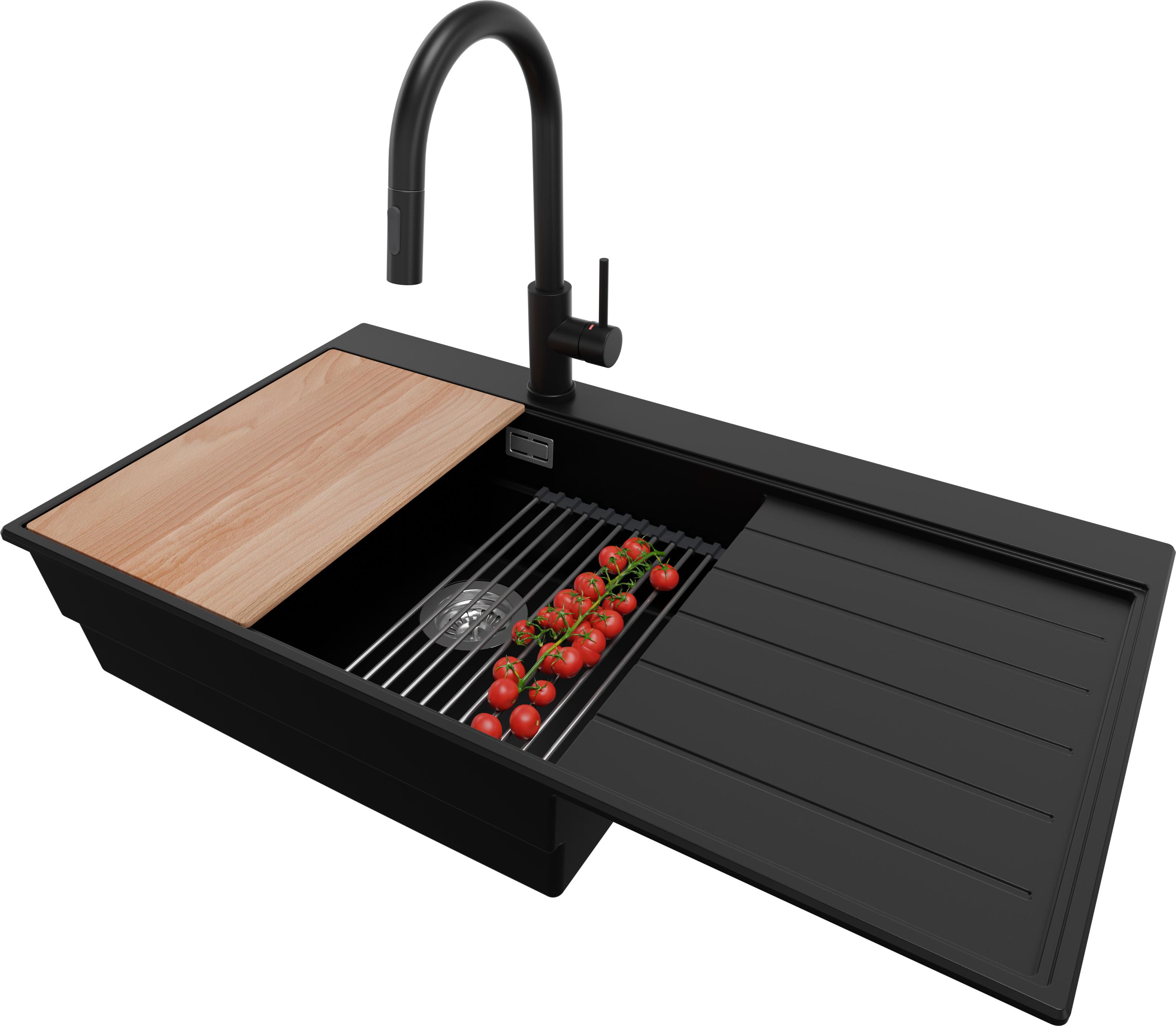 PRIMAGRAN Granitspüle Schwarz 90x50cm, Spülbecken 1 Becken + Küchenarmatur 40x20cm + Ablauf-Set + Küchenzubehörset, Küchenspüle ab 60er Unterschrank - Sydney