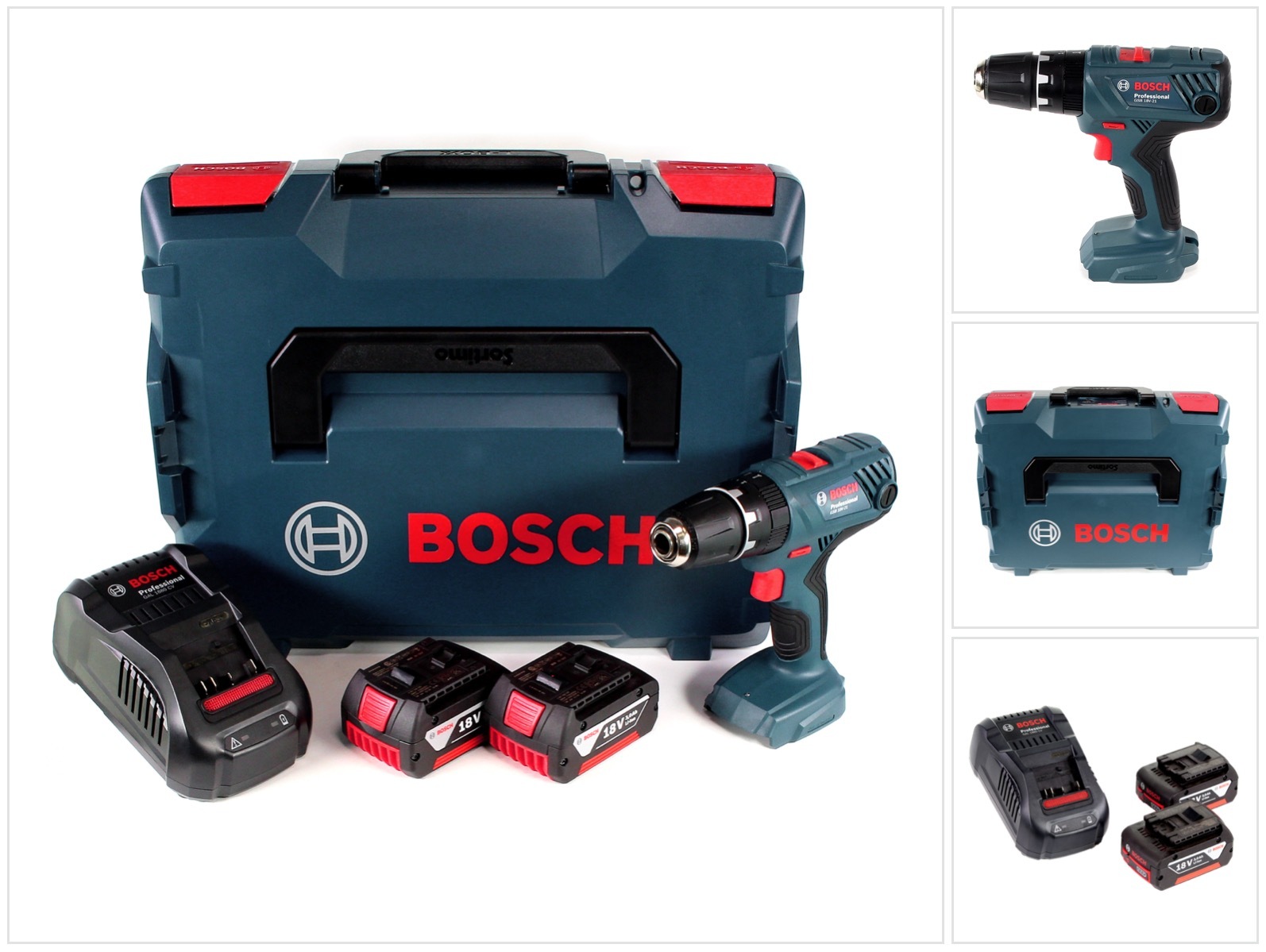 Bosch Professional GSB 18V-21 akumulátorová príklepová vŕtačka 18V 55Nm + 2x akumulátor 3,0Ah + nabíjačka + L-Boxx