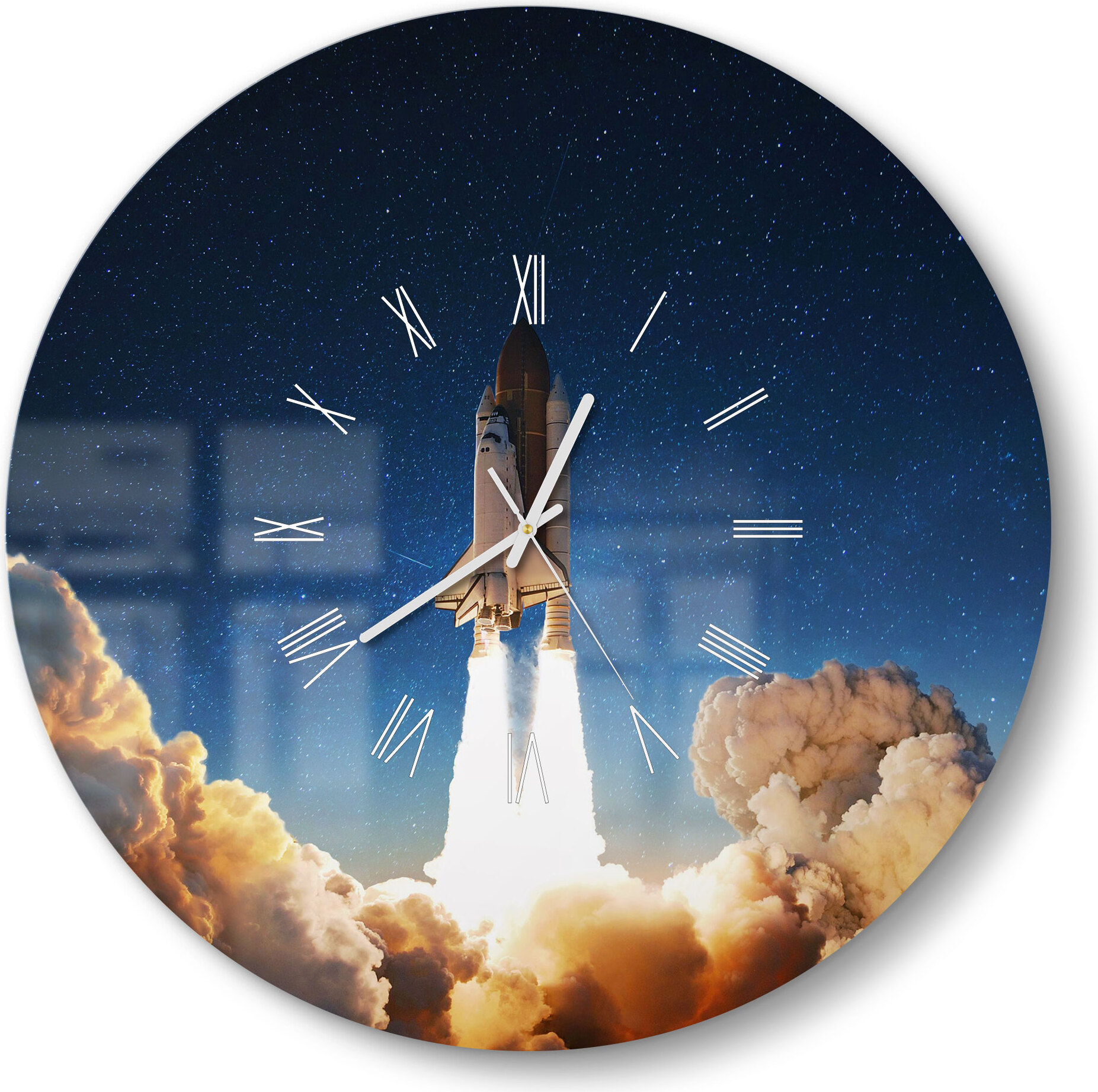 DEQORI Glasuhr Ø50 cm Römisch 'Raketenstart ins All' Wanduhr Glas Uhr Design leise WC-D50-R-2286