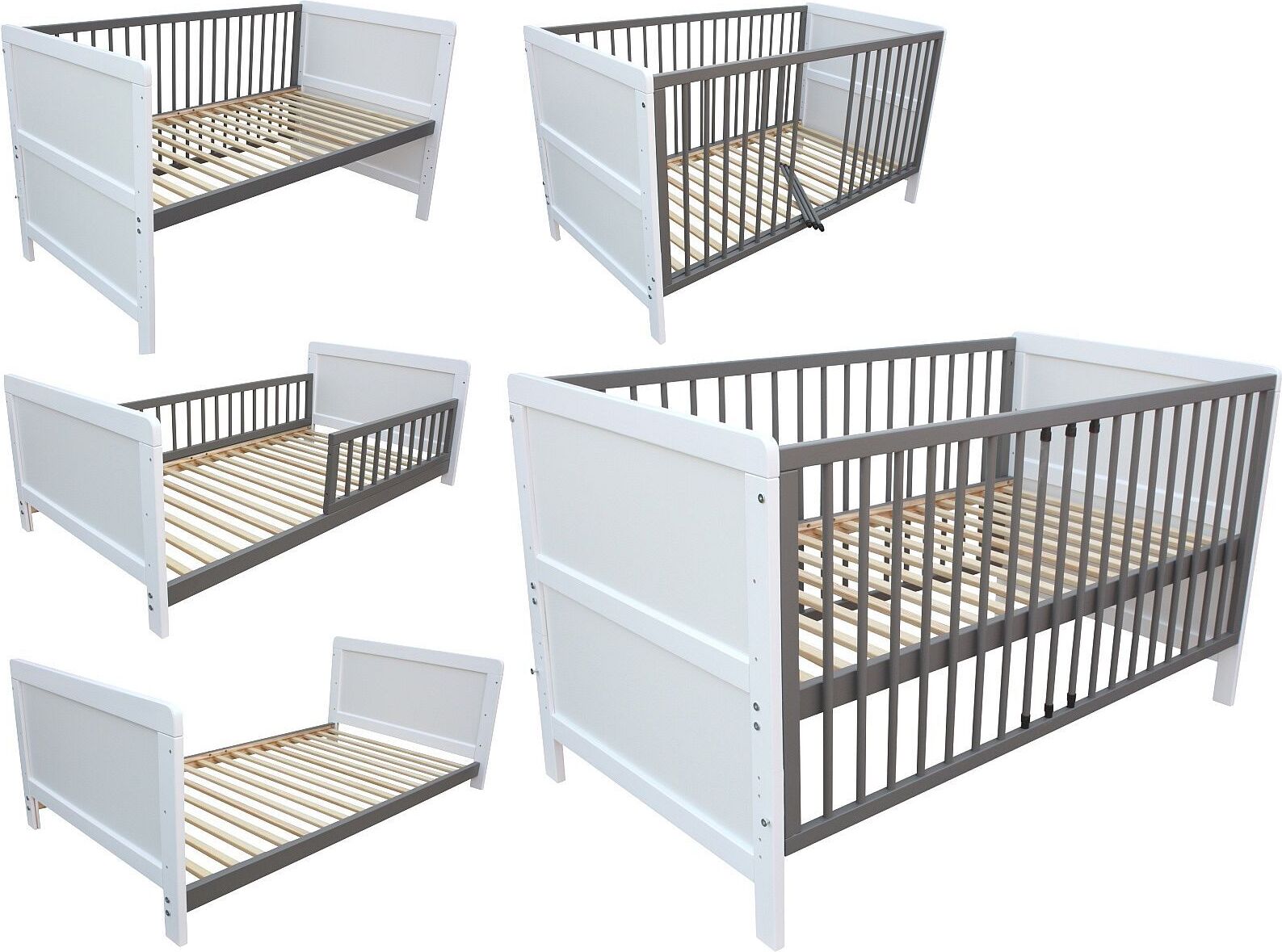 Kinderbett Juniorbett Gitterbett Beistellbett 140x70 cm 3in1 weiß-grau