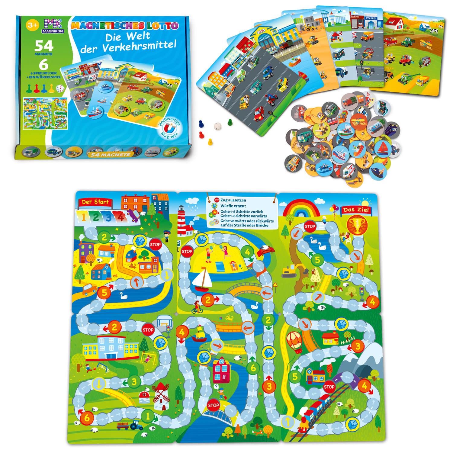 Magnikon Magnetisches Lotto Verkehrsmittel, Bingo Spiel für Kinder ab 3 Jahren, Lotto Memory Spiel, 54 Magnete, 6 Doppelseitige Spielfelder, Bilderlotto Autos UD80