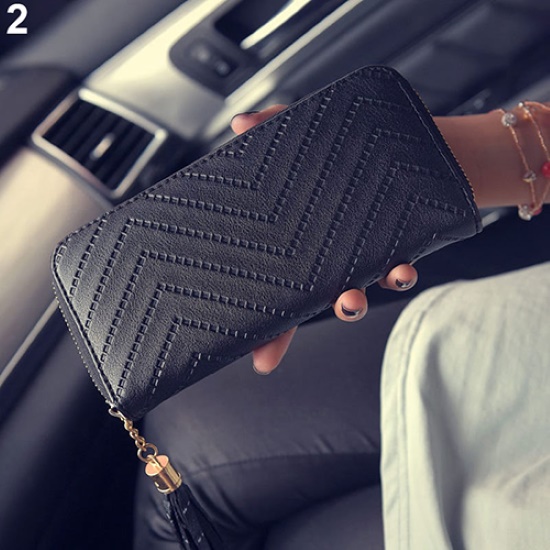 PMALT Damen Kunstleder Kartenetui Lange Geldbörse Clutch Scheckheft Quaste Handtasche Geldbörse Schwarz