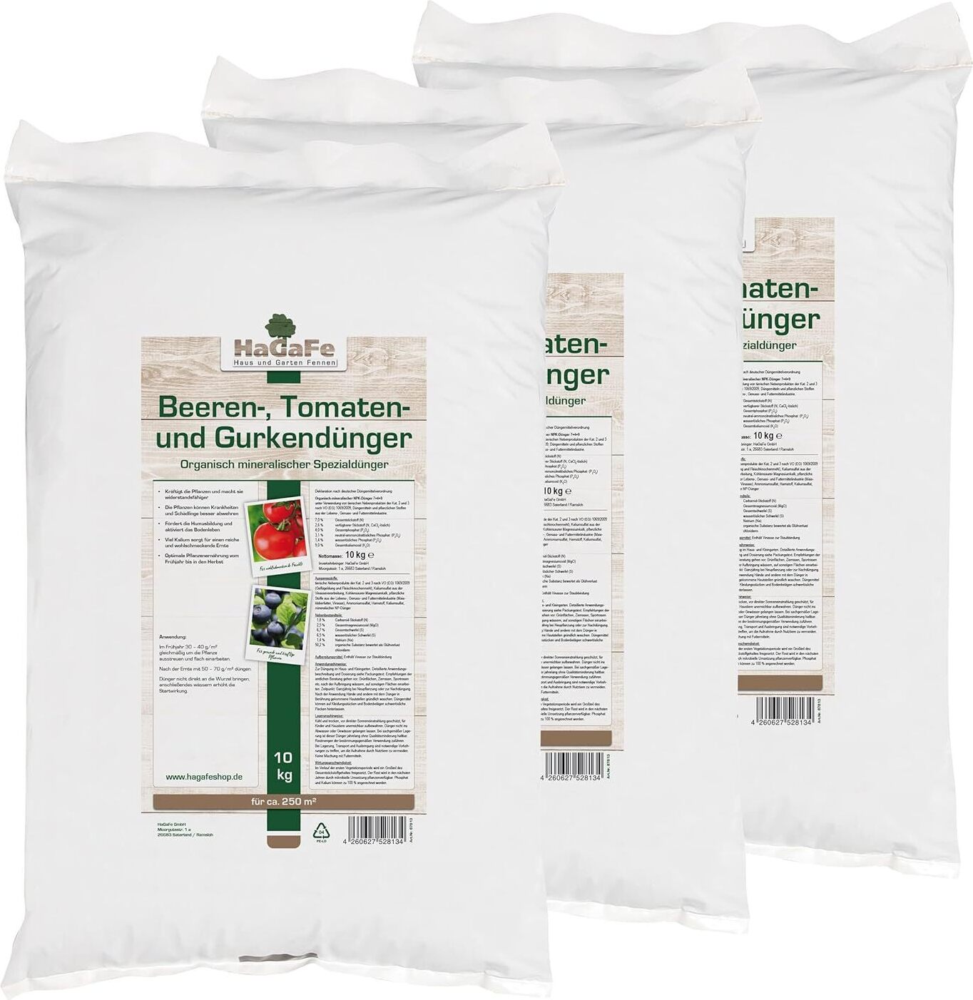 HaGaFe Beerendünger Tomatendünger Gurkendünger Gemüsedünger Hochbeetdünger 30 kg (3 x 10 kg)
