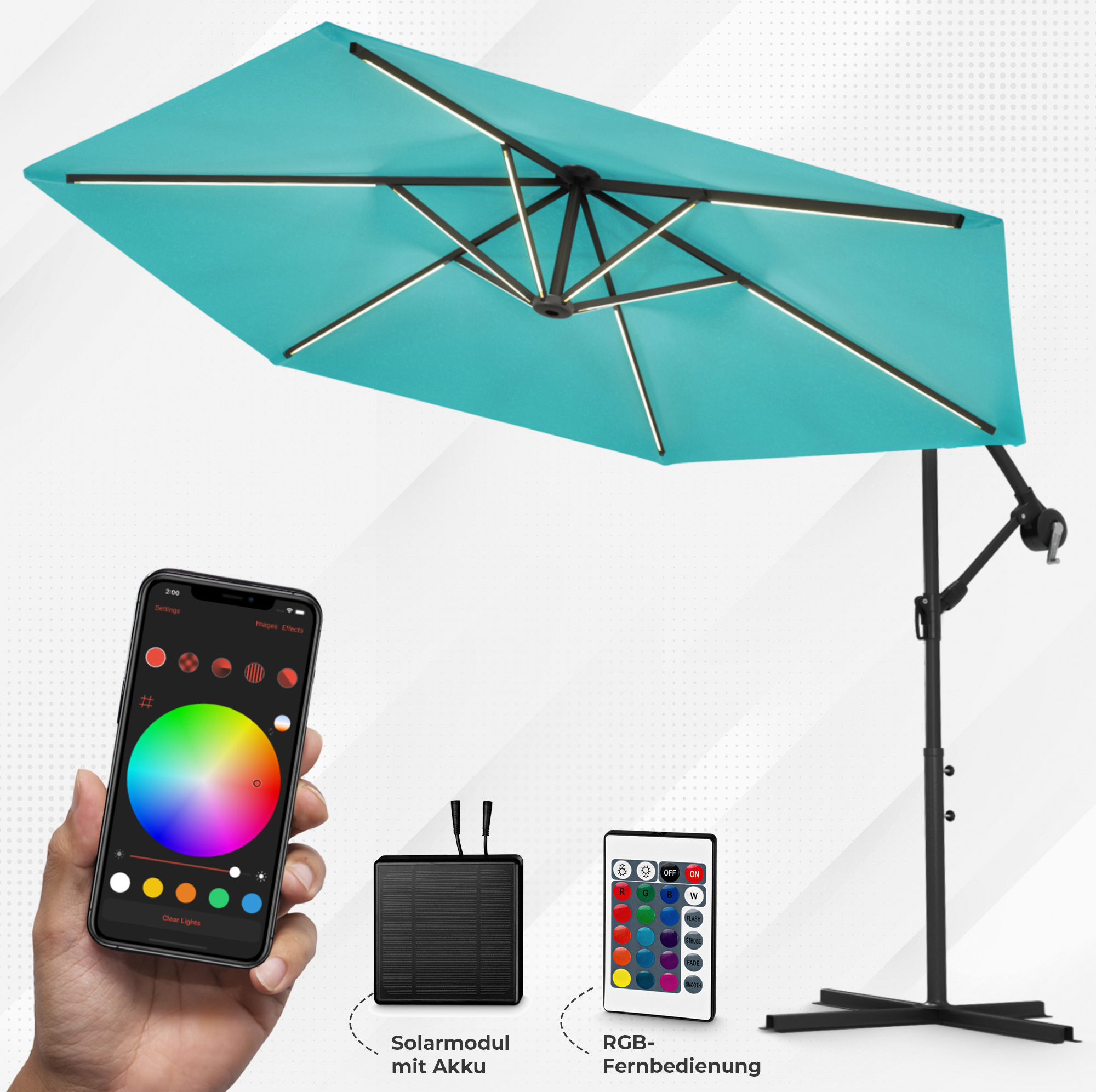 Swing&Harmonie Luxus LED Sonnenschirm mit RGB Beleuchtung inkl. Fernbedienung, APP Steuerung, Ampelschirm, Garten Schirm 350 cm - türkis RGB-350