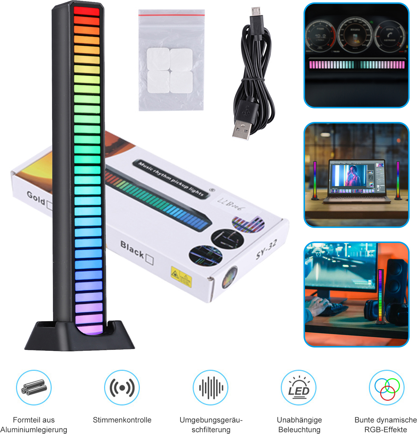 AKIS 2PCS RGB LED Lichtleiste Rhythmus Licht, Musik Atmosphäre Rhythmus Licht, Pickup-Licht mit 32 Bit, Musik Rhythmus Synchronisation USB Lade Lightbar für Auto, Büro, Studio, Spiel