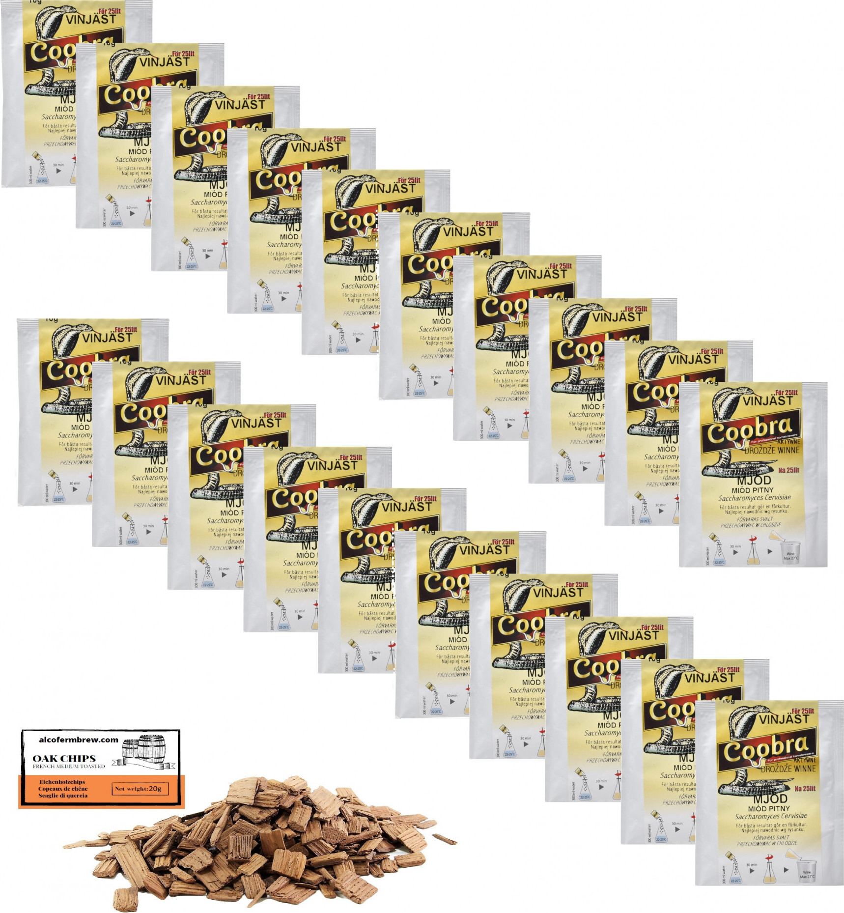 Alcofermbrew 20 x Trocken Methefe 10g/25L + Eichenholzchips, Honigwein Hefe Coobra, Weinhefe