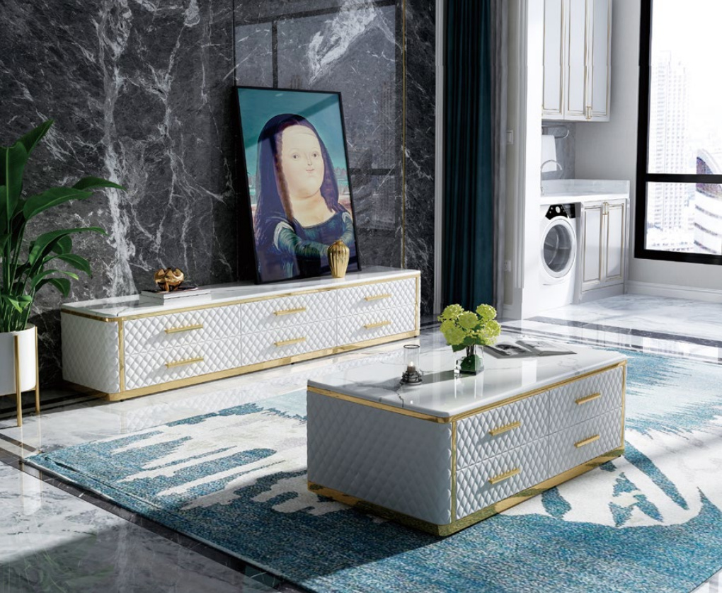 AEA Edelstahl Sideboard Leder Marmor Imitation Stein Couchtische 200x40cm Tische JVM4062292702877