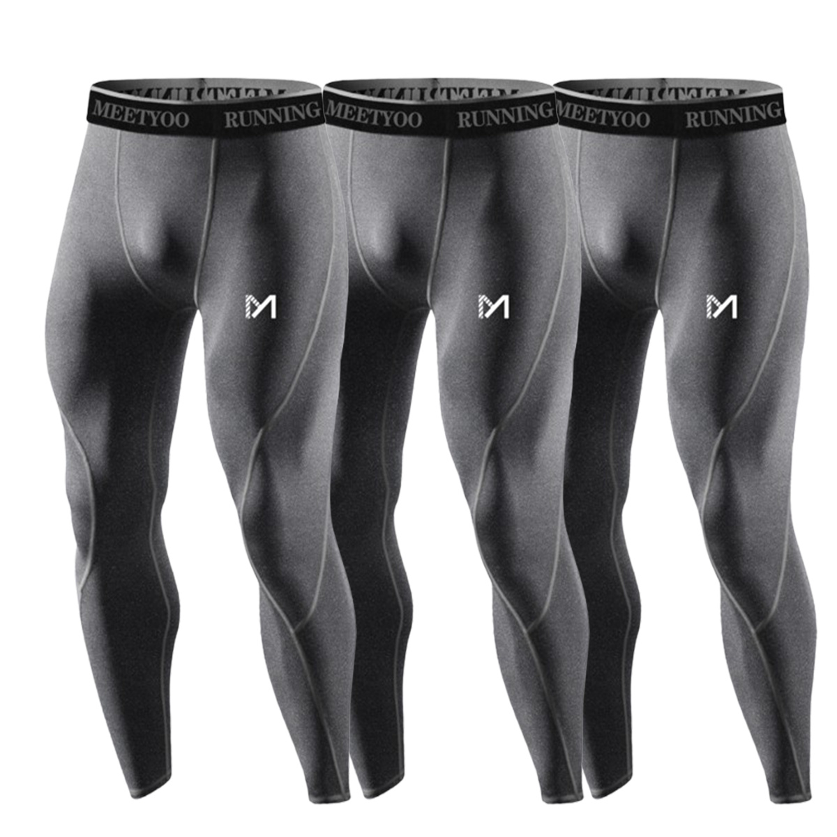 meeteu 3Er Leggins Kompressions Hose Laufhose Herren Tights Fitness Lang Jogginghose Grau XL