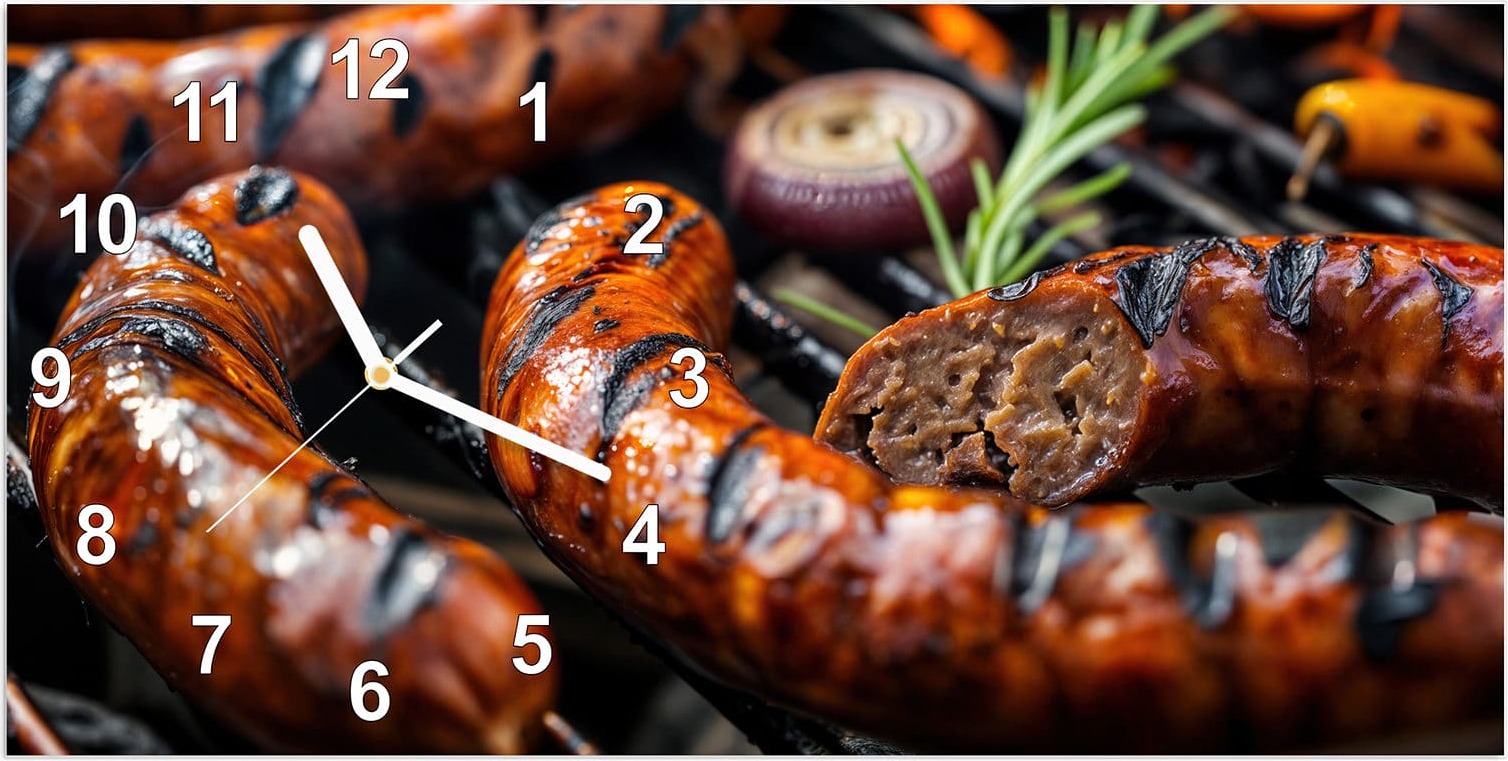 Primedeco Wanduhr aus Glas mit Motiv Grillwurst B B Q- 60 x 30 cm - inkl. Aufhängesystem
