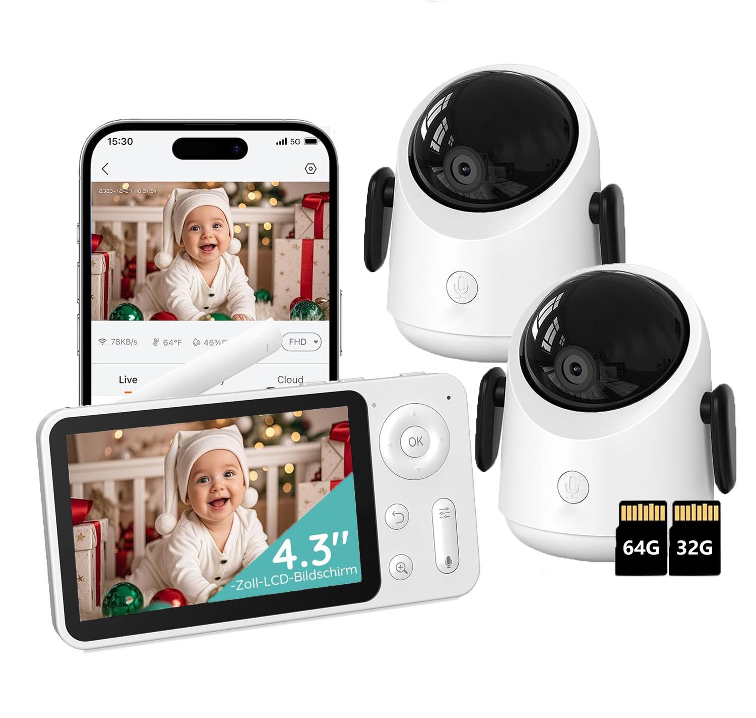 Avylet Babyphone mit 2 Kameras 360° WLAN 2MP Video Babyfon mit App 4×Zoom Bewegungsverfolgung IR Nachtsicht Weinen/Bewegungs/Geräuscherkennung mit 32G&64G BM0032BKEUBF