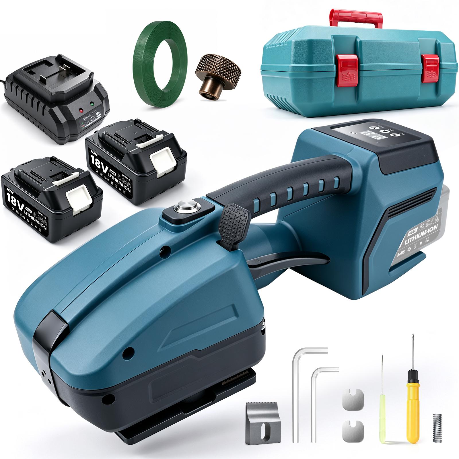 XIIW Automatische Umreifungsgerät für 10-16 mm PP/PET Bänder, 2 x 5000mAh Akku Elektrische Umreifungsmaschine 3500N Kartons Packwerkzeug für Boxen Paletten