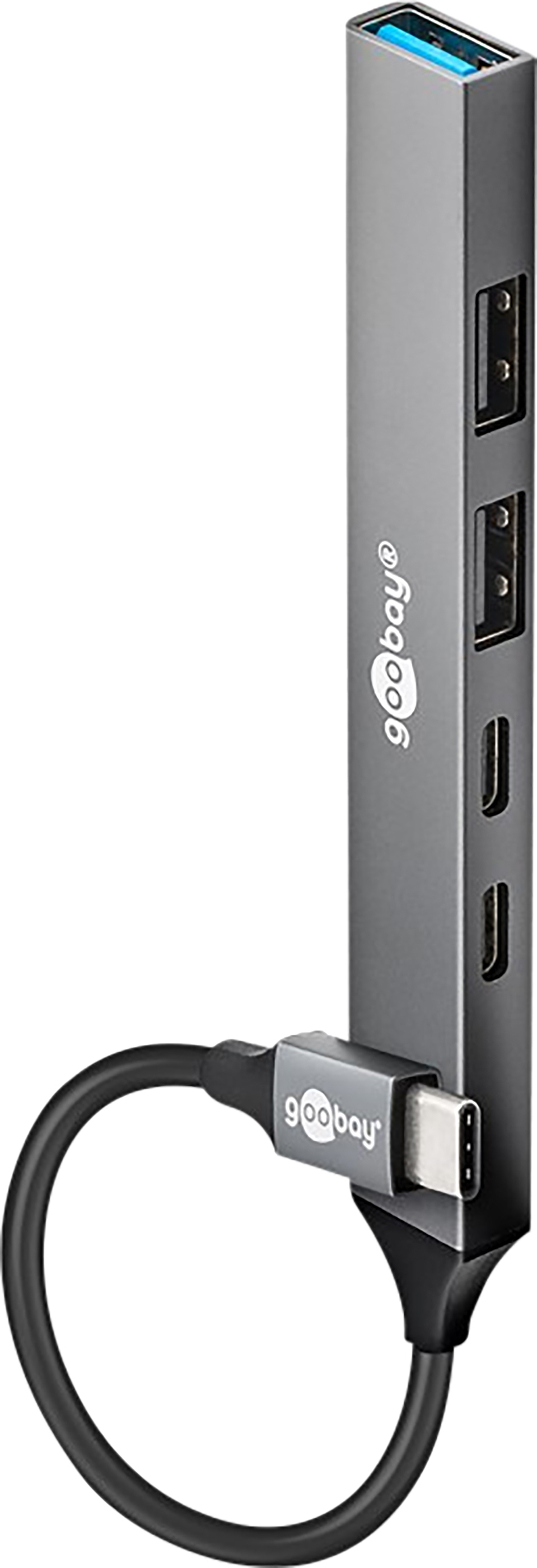 Goobay Slim 5-Port USB-Hub, USB-C™ auf USB-C™/USB-A, USB 3.2 - USB-C™-Stecker (USB 3.2) > 1x USB-C™-Buchse (USB 2.0), 1x USB-C™-Buchse (PD), 1x USB-A-Buchse (USB 3.2), 2x USB-A-Buchse (USB 2.0) 74460