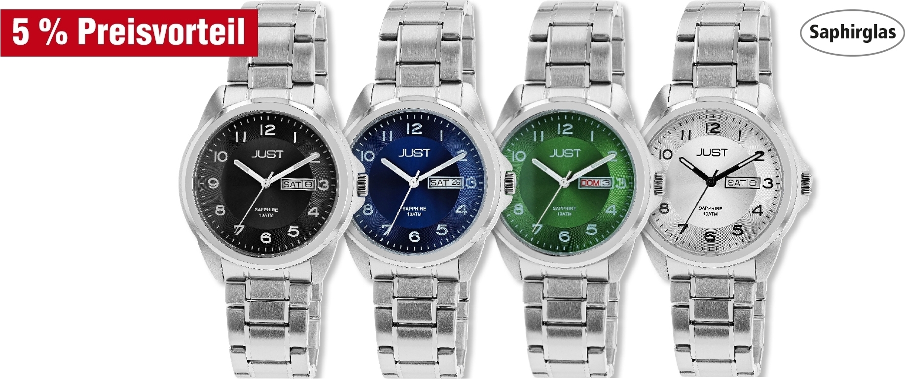 JUST "Mads" Herren Edelstahluhr mit Edelstahlband und Saphirglas, 10 ATM