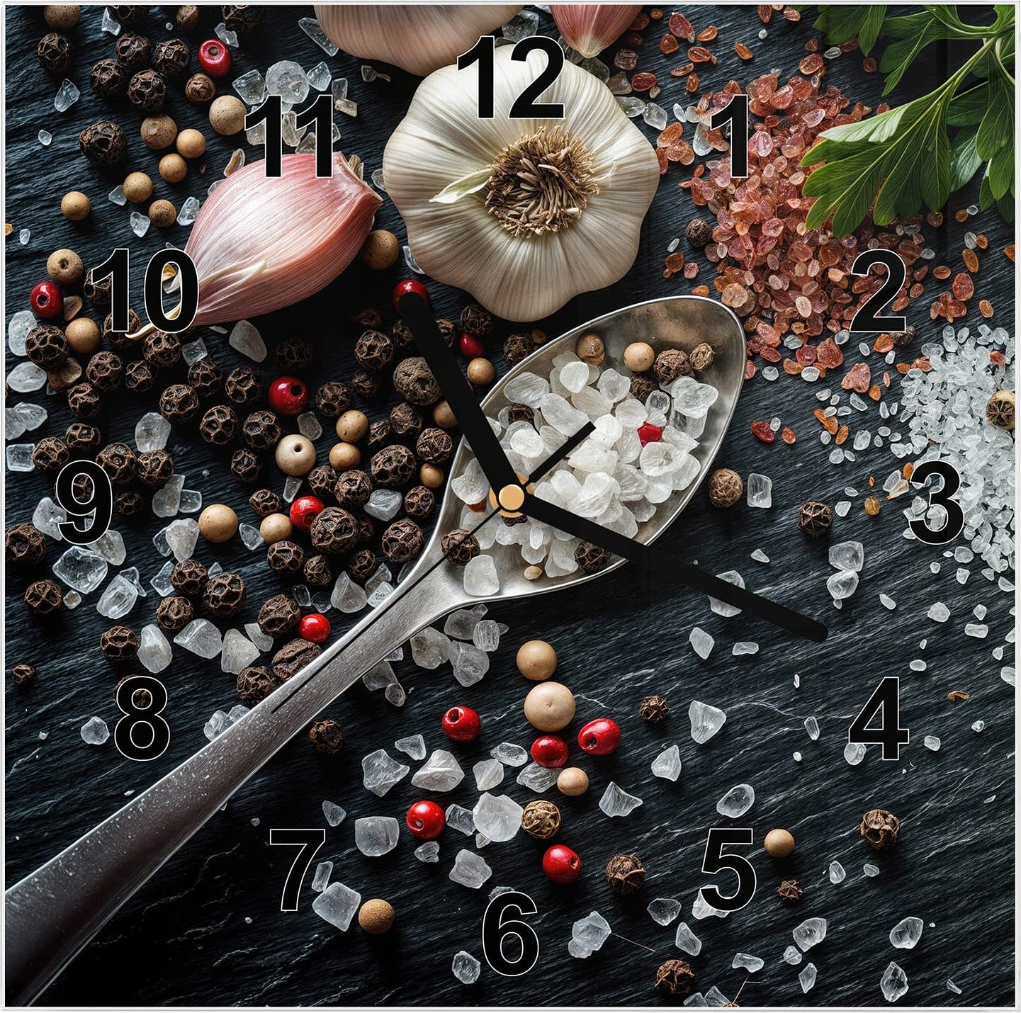 Primedeco Wanduhr aus Glas mit Motiv Küchenzutaten- 30 x 30 cm - inkl. Aufhängesystem