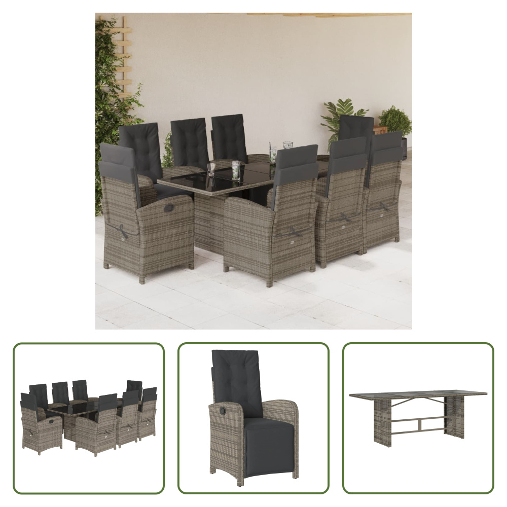 The Living Store 9-dielny záhradný jedálenský set s vankúšmi sivý polyratan