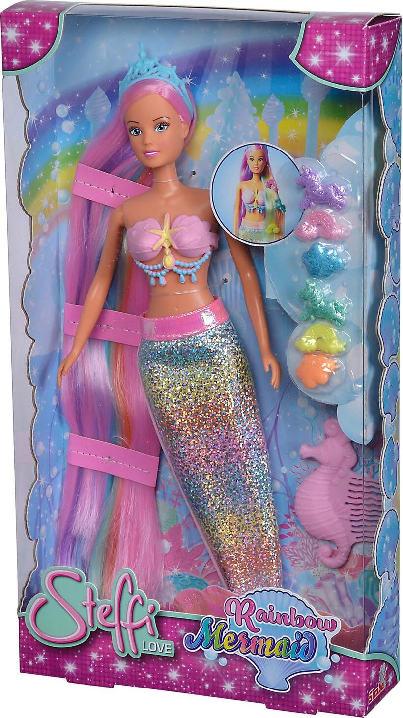 Simba 105733610 - Steffi Love Rainbow Mermaid, Ankleidepuppe als Regenbogen Meerjungfrau mit bunten Haaren, Haarclips, Kamm und Abnehmbarer Flosse, 29cm Spielpuppe, ab 3 Jahren