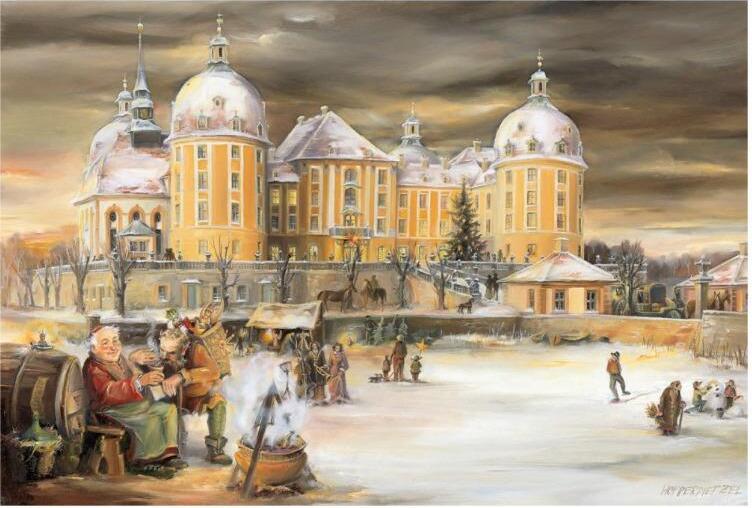 Adventný kalendár Moritzburg s motívom zámku, v retro štýle, 38 x 26 cm