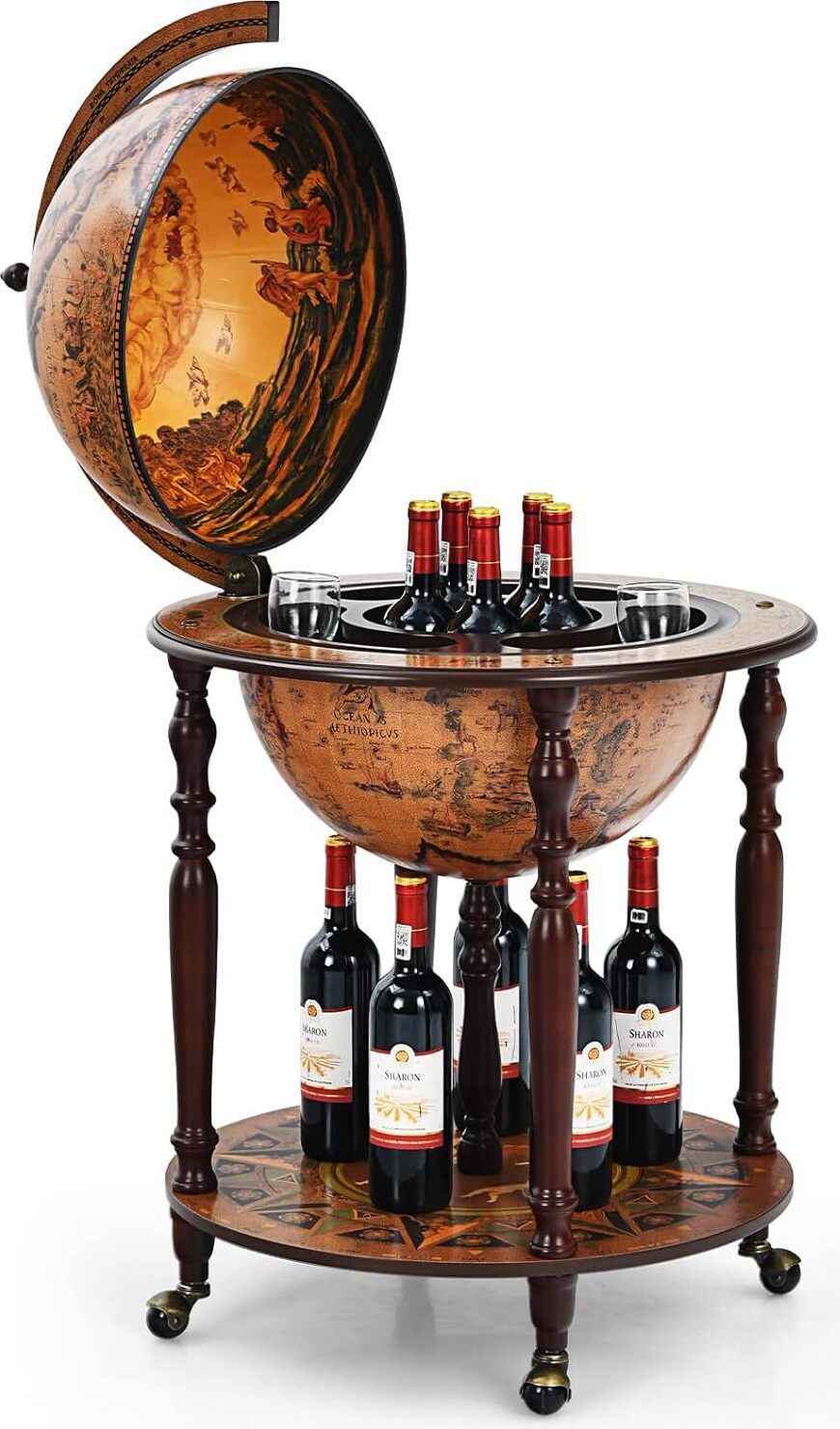KOMFOTTEU Globus Bar Barwagen, Minibar mit Rollen, Weinregal mit Klassischem Design, Cocktailbar Barschrank für Wein, Getränke (Braun