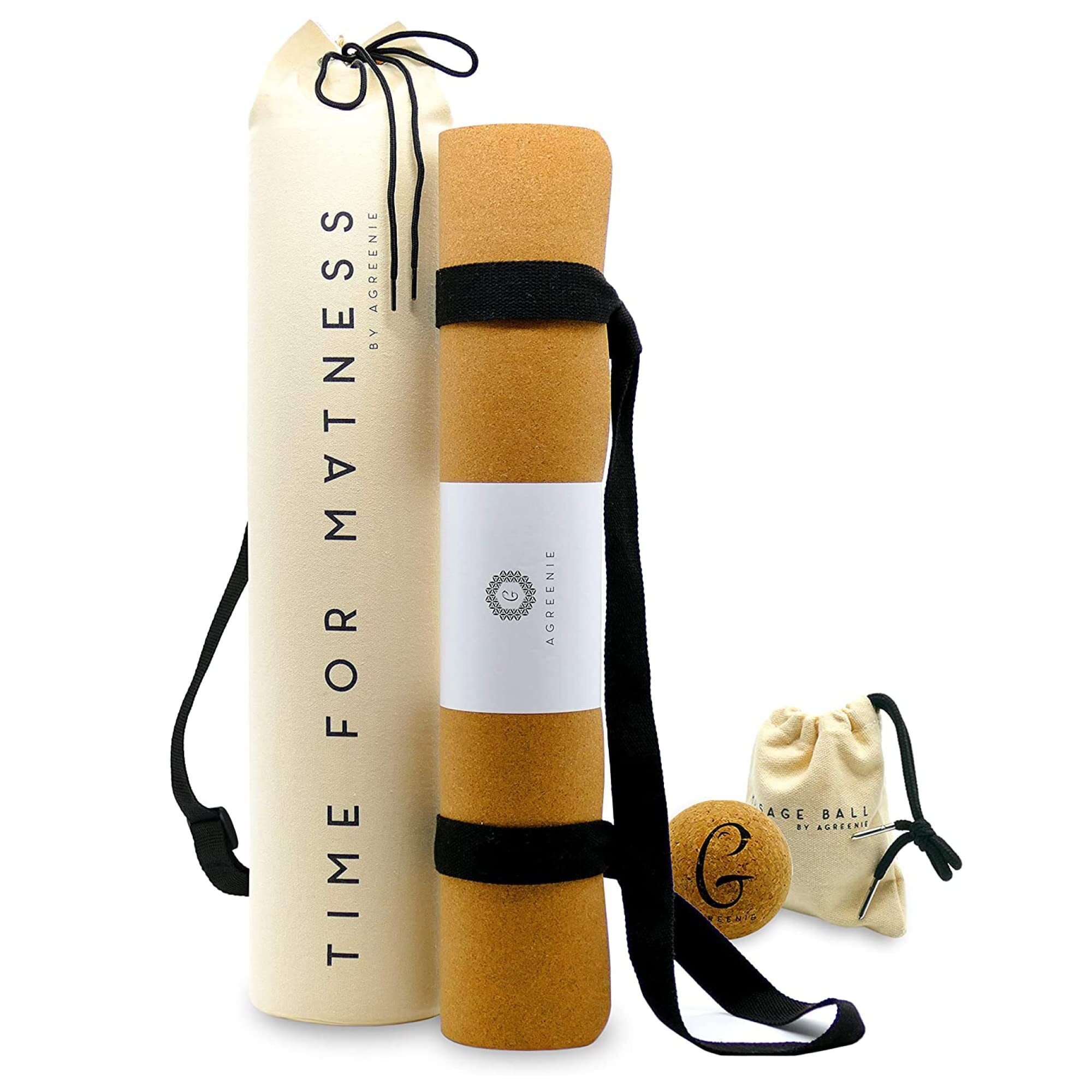 aGreenie® Premium Yogamatte Kork 4mm / rutschfeste Yogamatte Kork Naturkautschuk / Yogamatte Naturkautschuk inkl. Yogamatten-Tragegurt, Massageball & E-Book 47042934145364