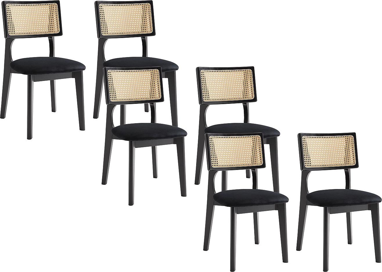Vente-unique 6er-Set Stühle - Samt - Rattaneffekt & Kautschukholz - Schwarz - CALENYA