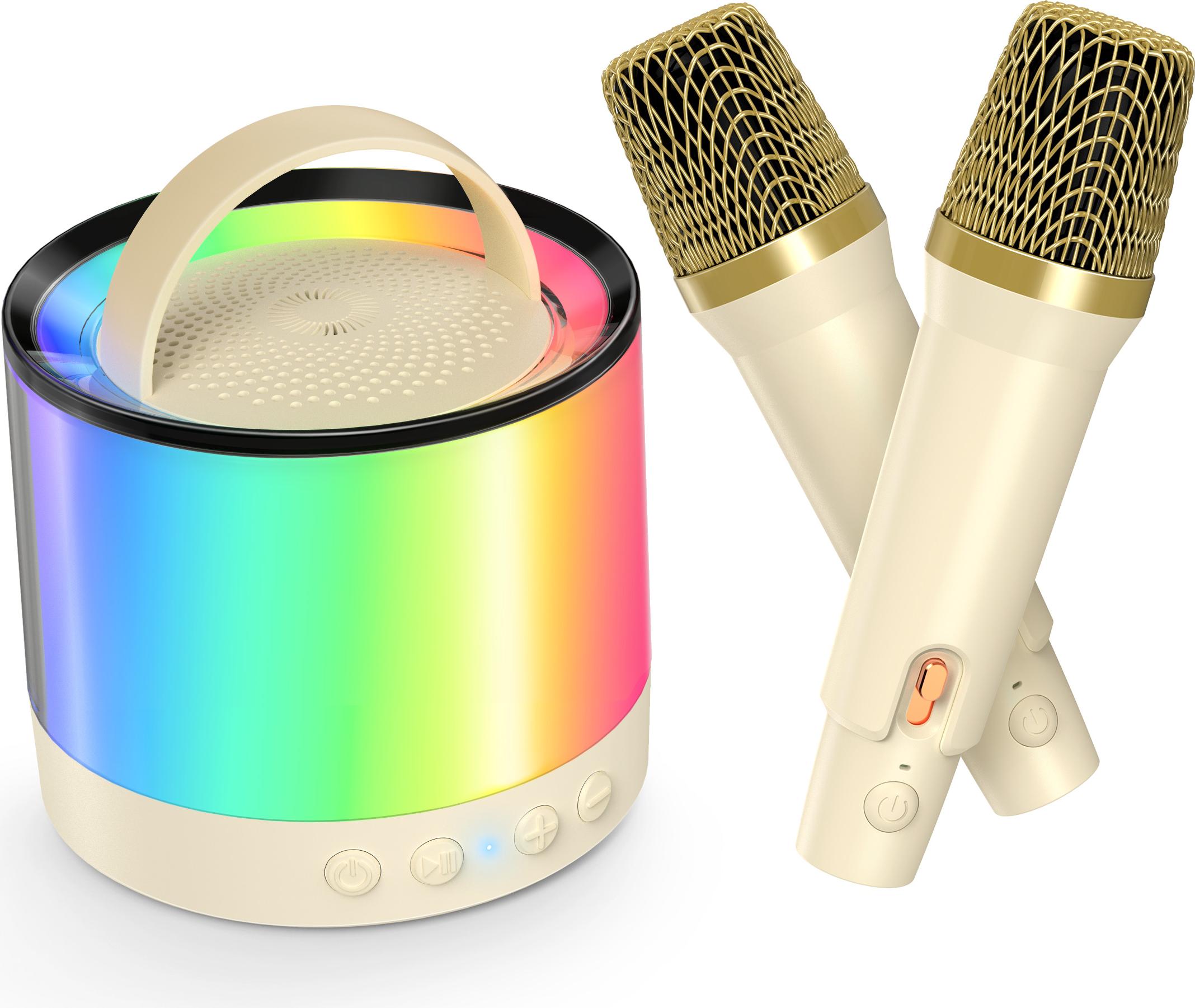 Karaoke stroj s 2 bezdrôtovými mikrofónmi, bluetooth karaoke reproduktor pre deti a dospelých - béžová