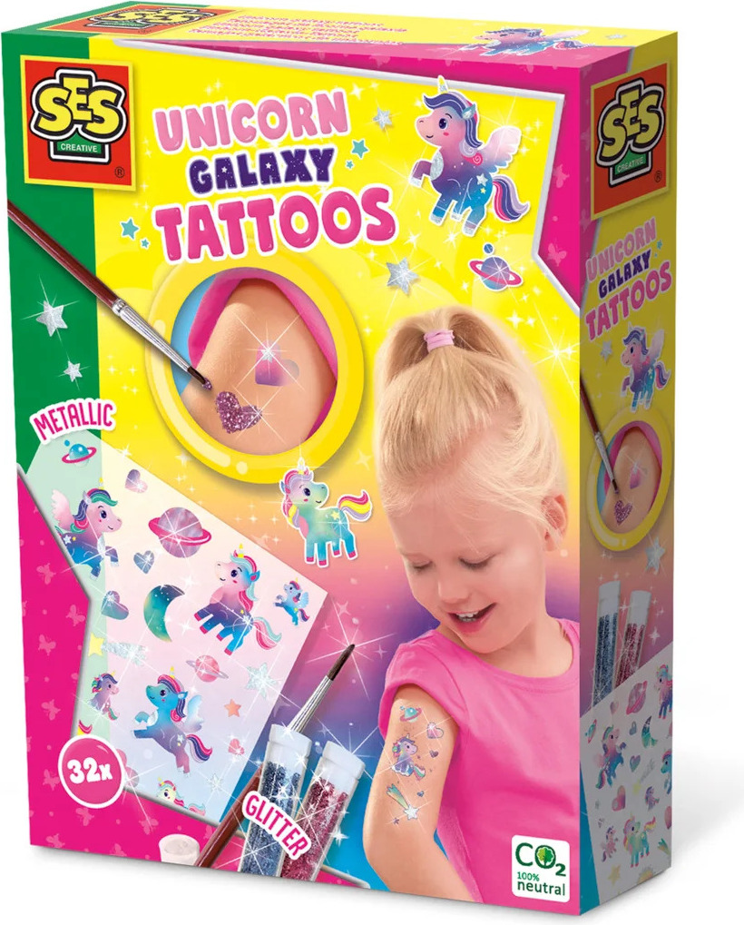 SES Creative 14764 Einhorn-Tattoos Galaxy, Metallische Kinder-Tattoos, Tattoo-Set für Kinder, 5 Jahr(e), Mehrfarbig