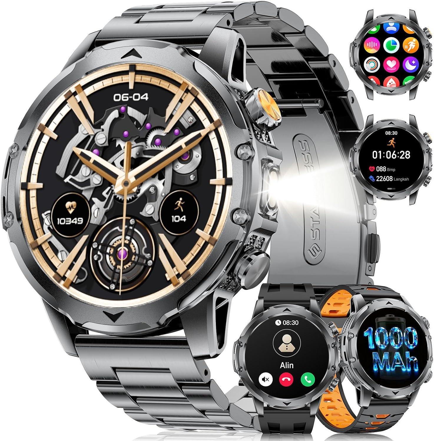 Fitvigor Smartwatch Herren Militär-1000mAh Akku/3 Armbändern mit Taschenlampe,120+ Sportmodi, Fitnessuhr mit Herzfrequenz/Schlafmonitor,