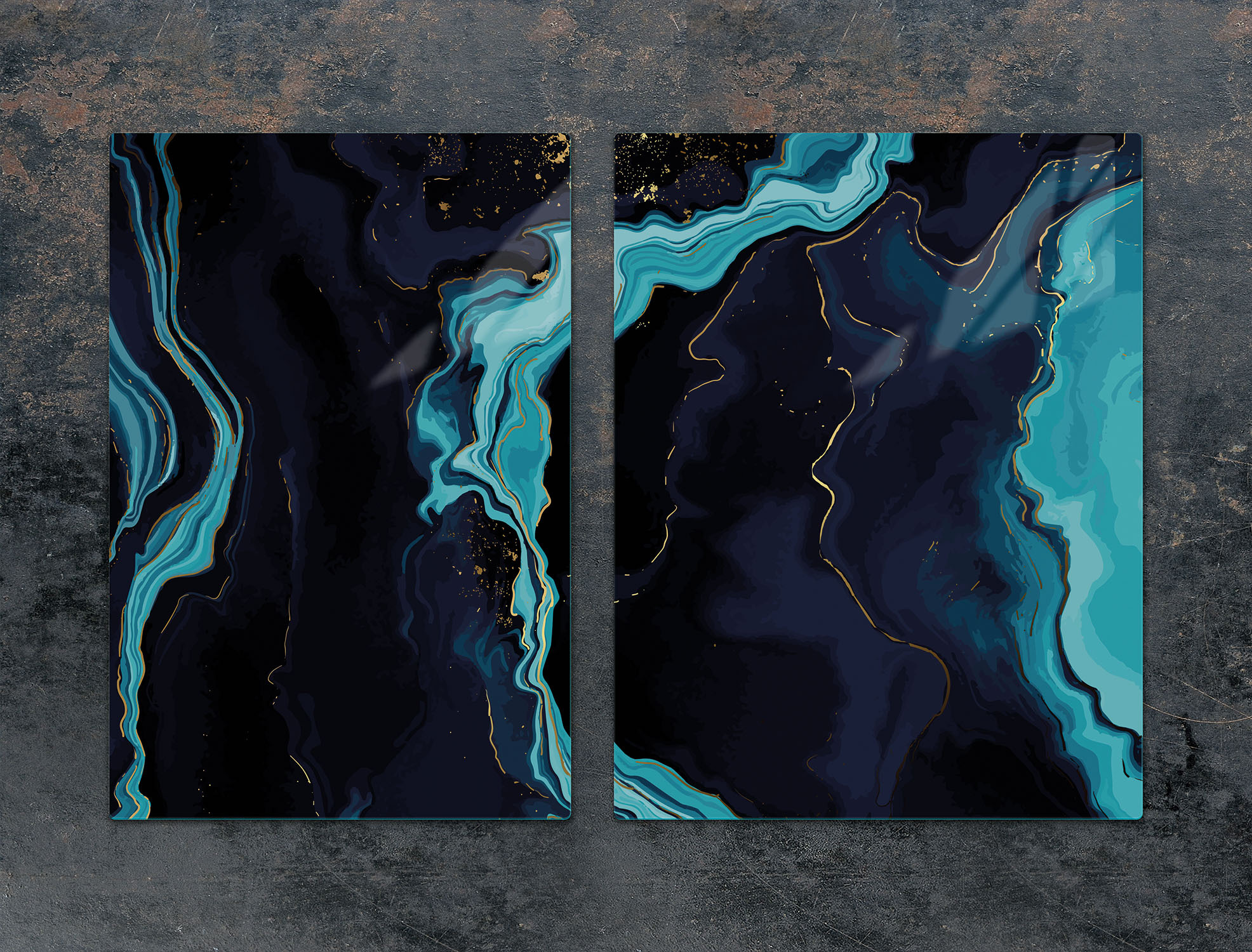 TMK ArtDeko Herdabdeckplatten 2 teilig 75x52 Ceranfeld Abdeckung Glas Schneidebrett Marmor Blau