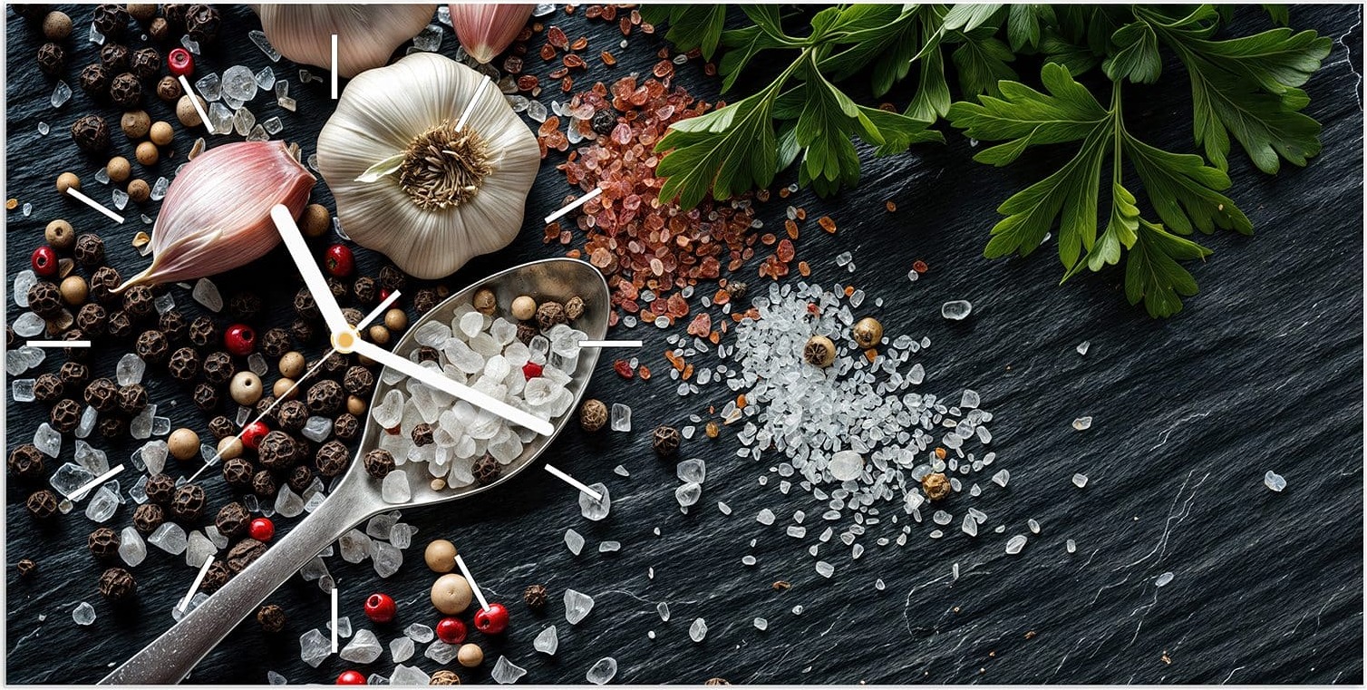 Primedeco Wanduhr aus Glas mit Motiv Küchenzutaten- 60 x 30 cm - inkl. Aufhängesystem