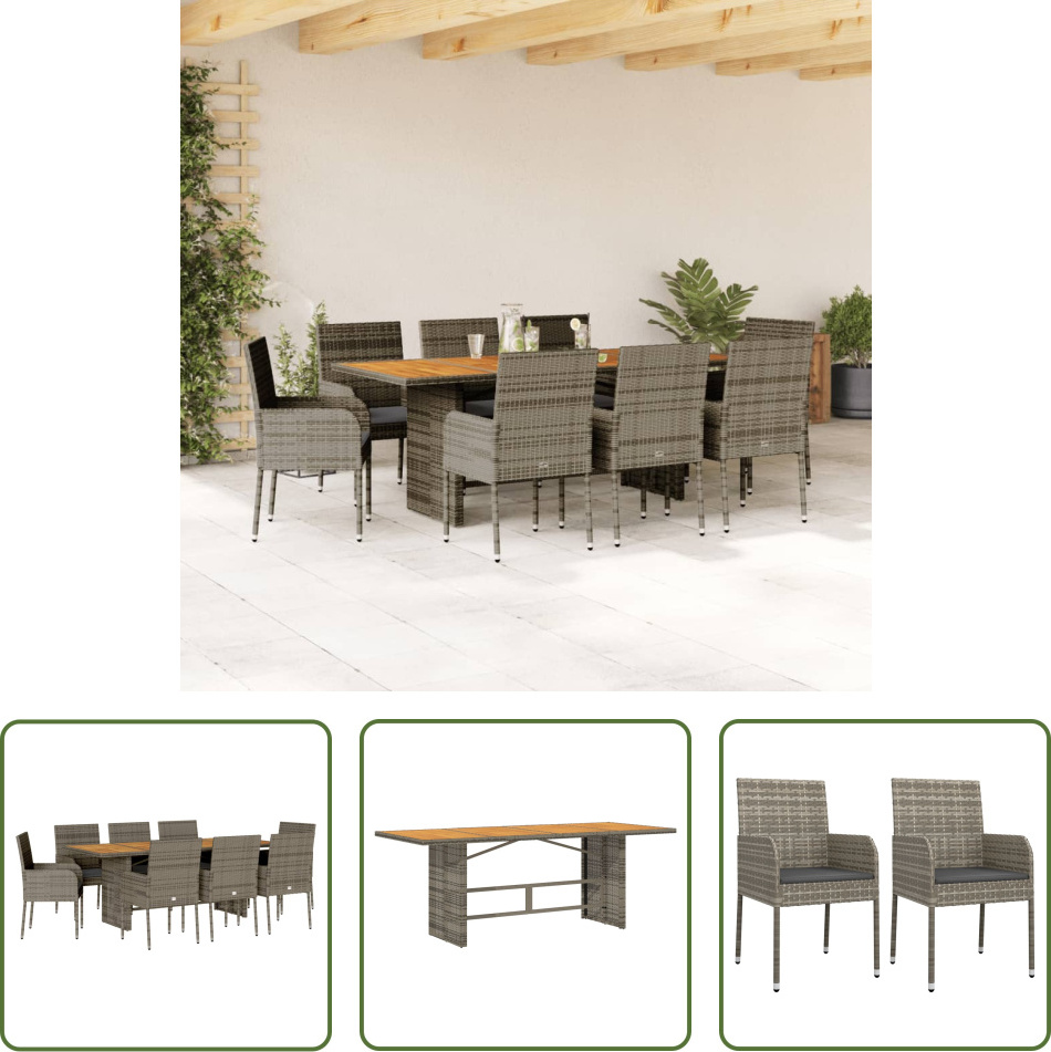 The Living Store 9-dielny záhradný jedálenský set s vankúšmi sivý polyratan
