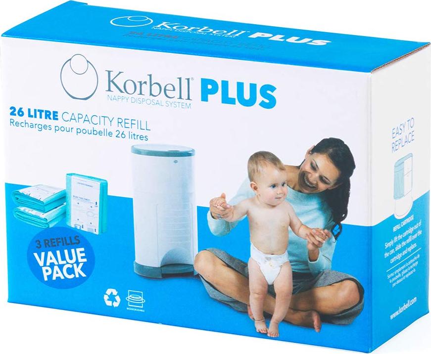 Korbell - Nachfüllpackungen für Windelbehälter - MAXI - 26 L - x3 - Biologisch abbaubar - Geruchskontrolle - Kapazität 330 Windeln 3 Stück (1er Pack) Babyausstattung-Kinder-Junge-Mädchen