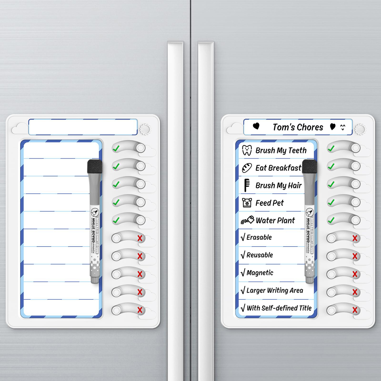 2-teiliges/Set Mehrfach-Hausaufgabentabelle für Kinder, löschbar, 10 Schiebetasten, magnetische Aufgabentafel für Kinder, Wandmontage, Aufgabenliste, Routine-Checkliste, Aufgabenplanungstafel mit Stift, Blau 3848646