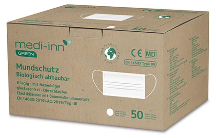 50 "Medi-Inn® GREEN" Mundschutz 9,5 cm x 17,5 cm weiss 3-lagig, biologisch abbaubar