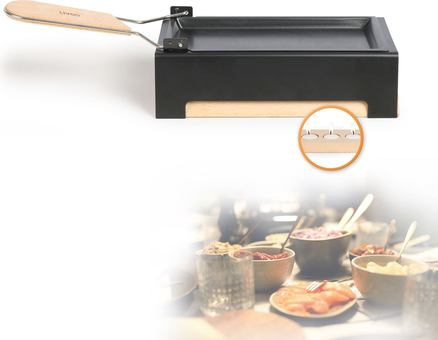 LIVOO Raclette Set 2 Personen Teelicht Camping Kerzen Holz mit Holzspatel MEN395
