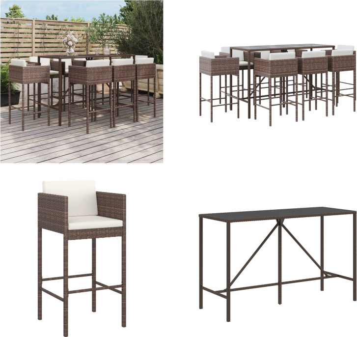 vidaXL 9 tlg. Gartenbar Set mit Kissen Braun Poly Rattan - Gartenbar Set - Gartenbar Sets - Garten Bar Set - Gartenbar