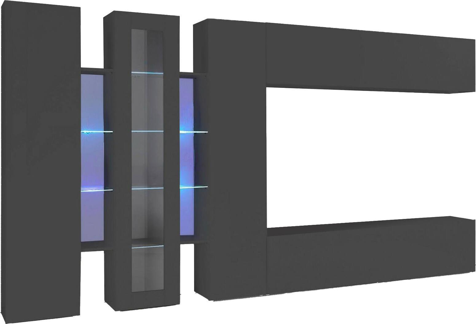 Wohnzimmermöbel Dfilard, TV-Ständer Wohnzimmerset, Wohnzimmermöbel mit Vitrine und LED-Licht, 100% Italy, cm 320x30h180, Anthrazit