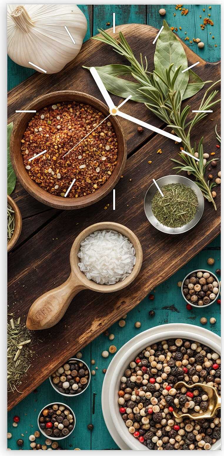 Primedeco Wanduhr aus Glas mit Motiv Küchenzutaten Holztisch- 30 x 60 cm - inkl. Aufhängesystem