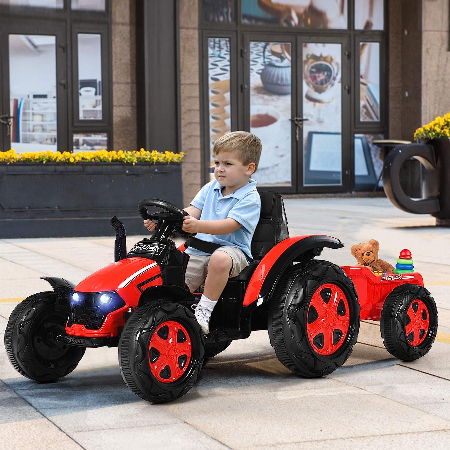 GOPLUS Elektrotraktor mit Fernsteuerung & abnehmbarem Anhänger, multifunktional Elektrofahrzeuge für Kinder 3-8 Jahren, 12V Spielzeugtraktor bis 30kg belastbar (Rot) UZ438044EF-SFDE