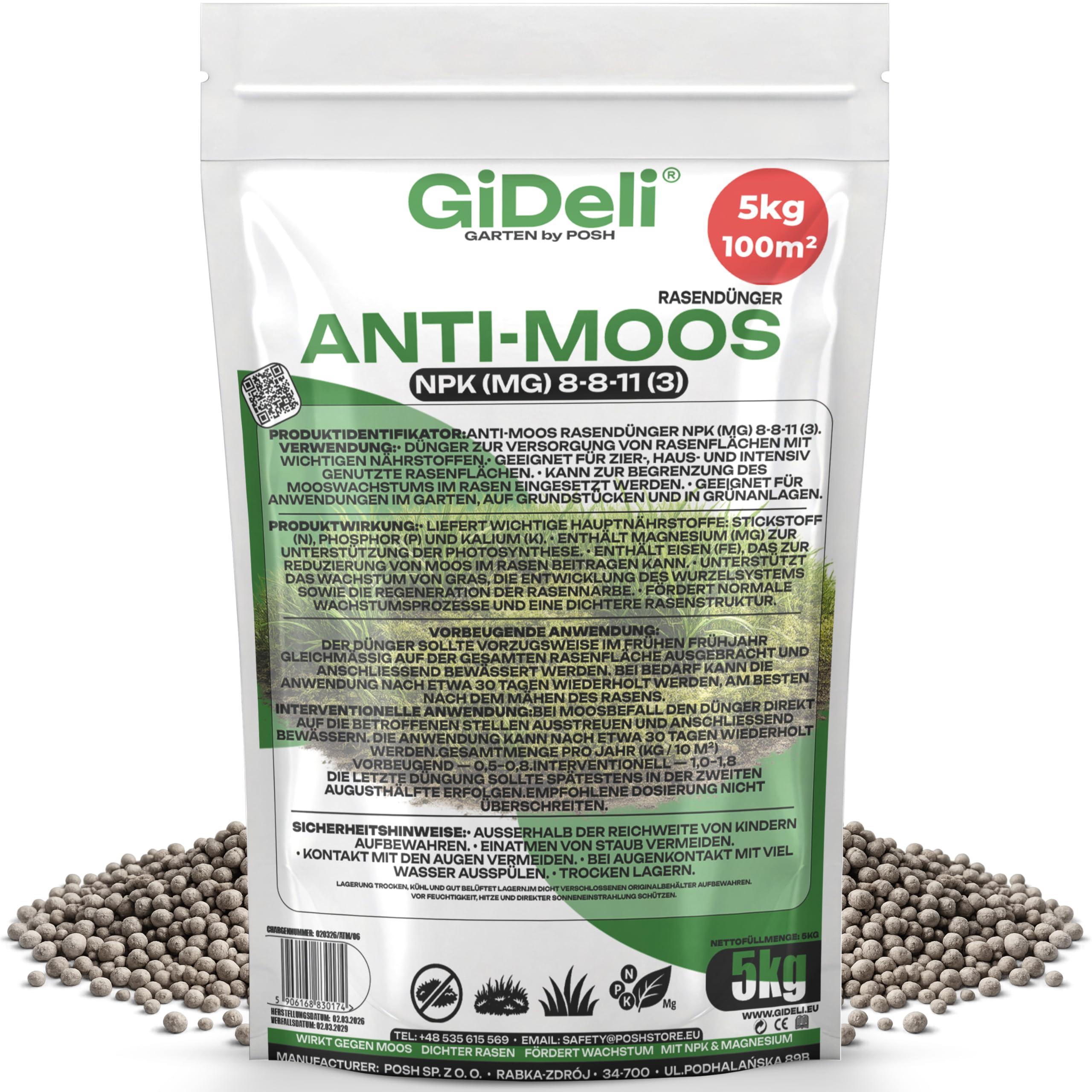 Posh Anti-Moos Rasendünger 5kg NPK 8-8-11 Frühjahr Eisen Magnesium Garten GiDeli